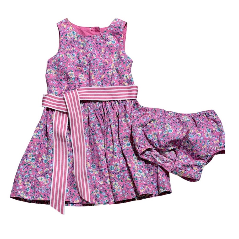 Ralph Lauren Pink Floral Baby Girls 12 months Dress Striped Belt